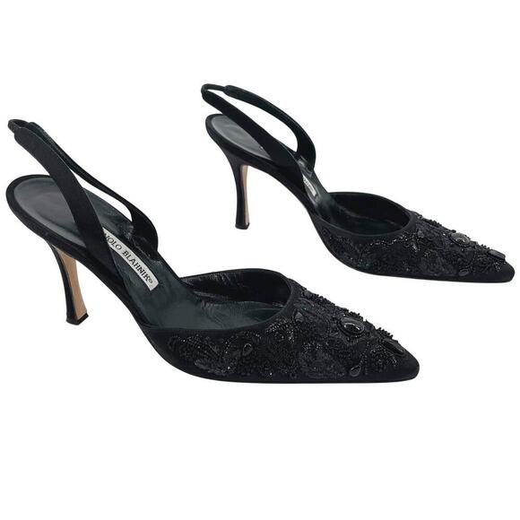 Manolo Blahnik Retro Black Satin Ornate Beaded Pointed Toe Slingback Heel IT 40 - Picture 2 of 13